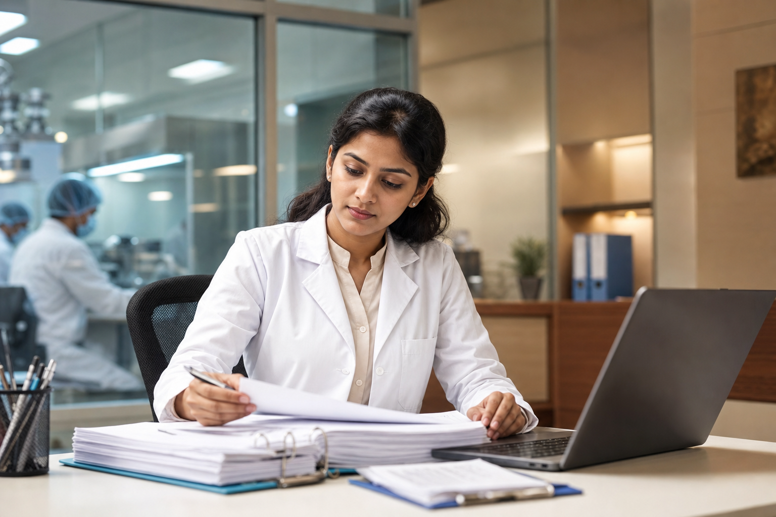 Indian QA professional reviewing batch records